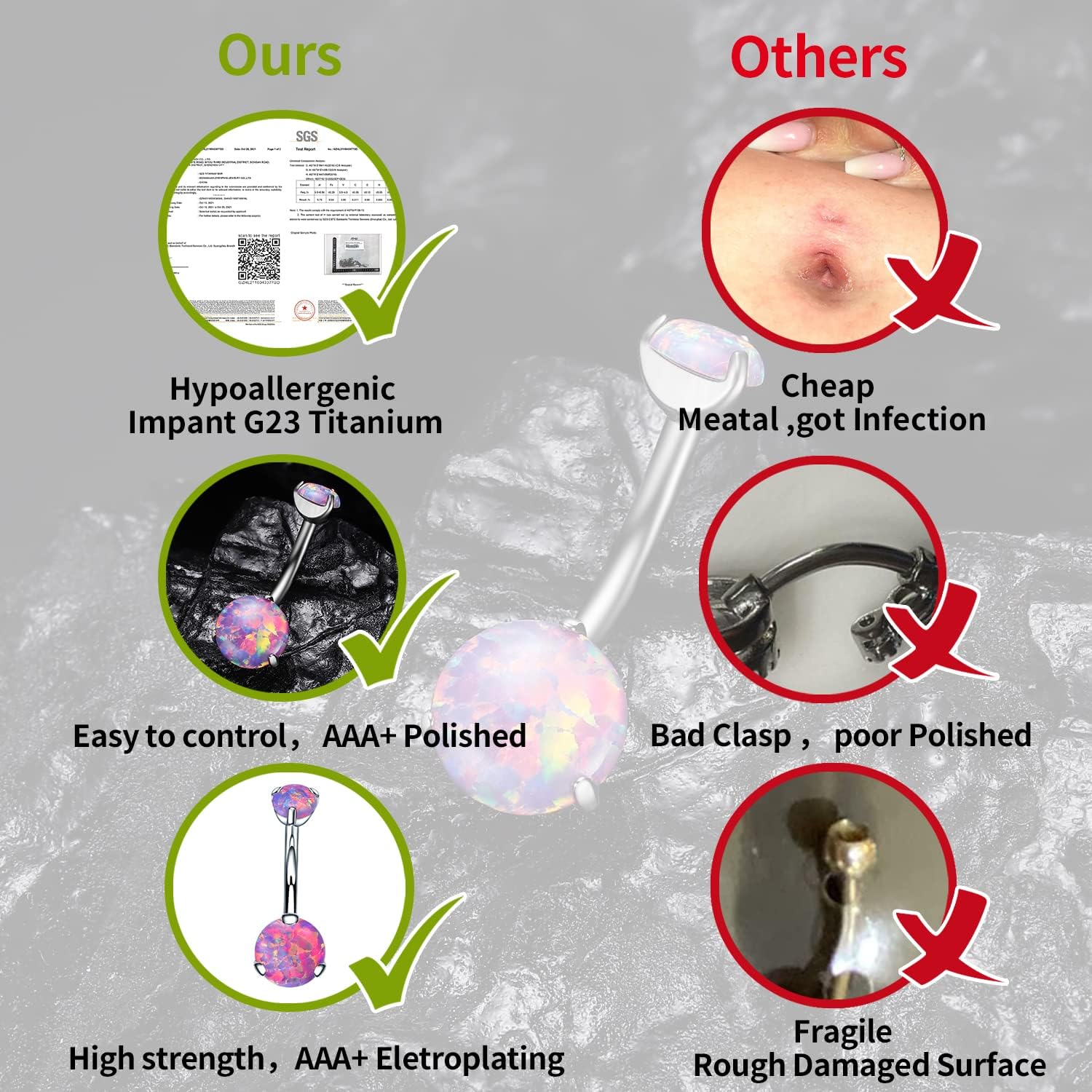 VOJO G23 Titanium Belly Button Rings Cubic Zircon Opal Hypoallergenic Threaded 14G Diamond Navel Body Piercing Jewelry Birthstone for Women - 我的商店我的商店我的商店