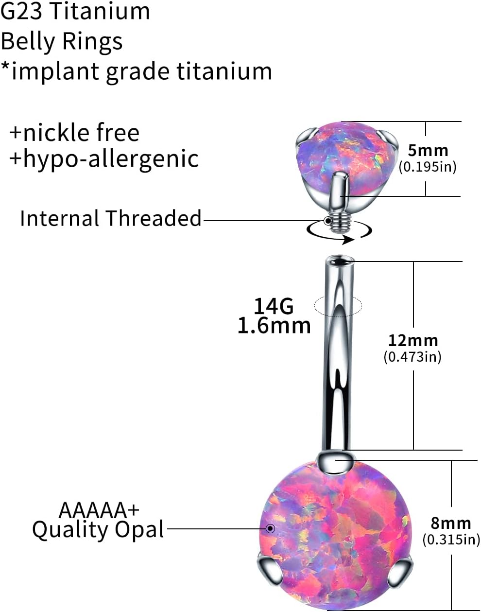 VOJO G23 Titanium Belly Button Rings Cubic Zircon Opal Hypoallergenic Threaded 14G Diamond Navel Body Piercing Jewelry Birthstone for Women - 我的商店我的商店我的商店