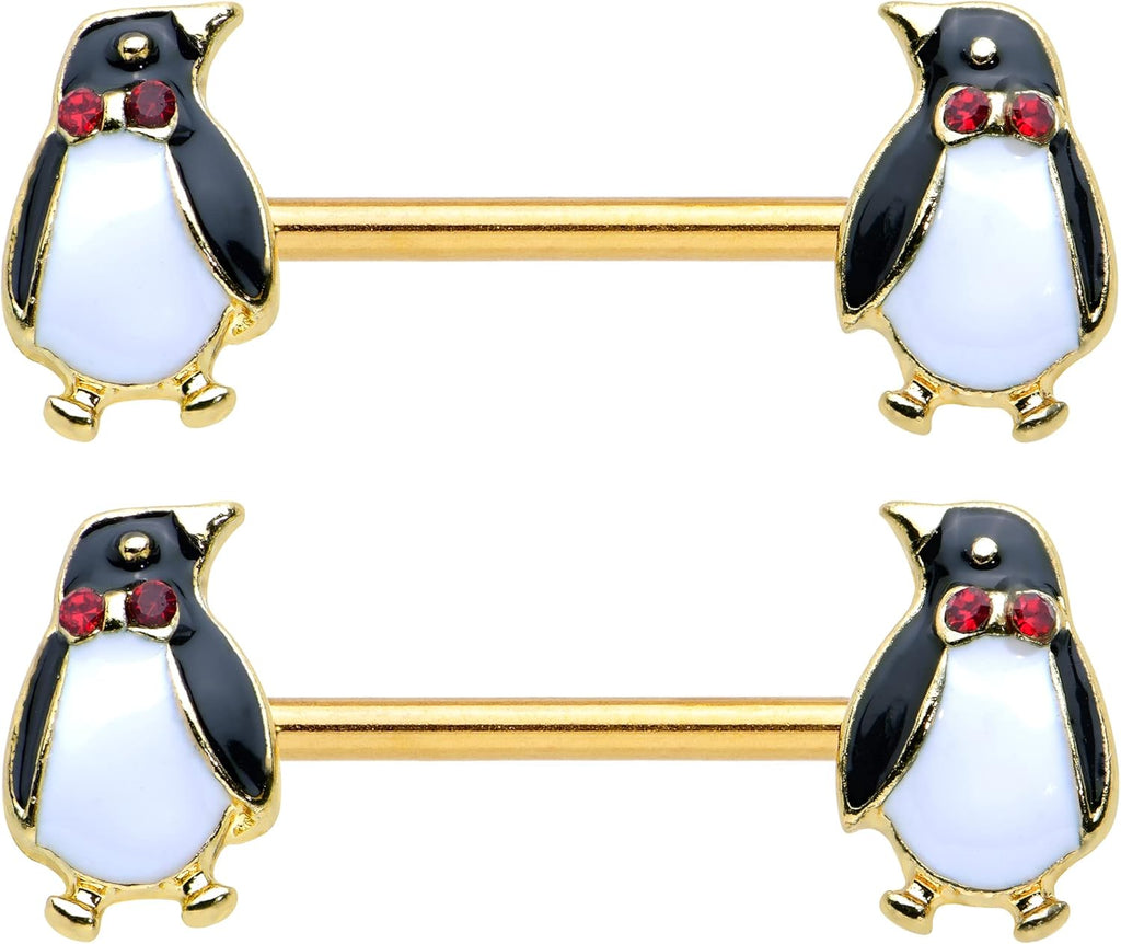 Winter Holiday 14G Womens Nipplerings Piercing Stainless Steel 2Pc Bow Tie Christmas Penguin Nipple Ring Set 9/16" - QIAO CrystalQIAO CrystalQIAO Crystal