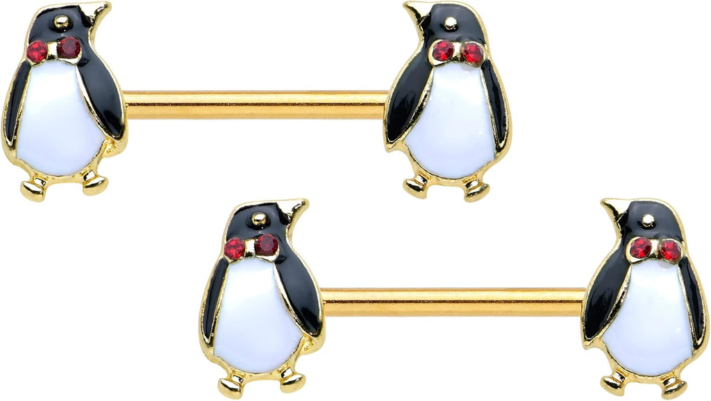 Winter Holiday 14G Womens Nipplerings Piercing Stainless Steel 2Pc Bow Tie Christmas Penguin Nipple Ring Set 9/16" - QIAO CrystalQIAO CrystalQIAO Crystal