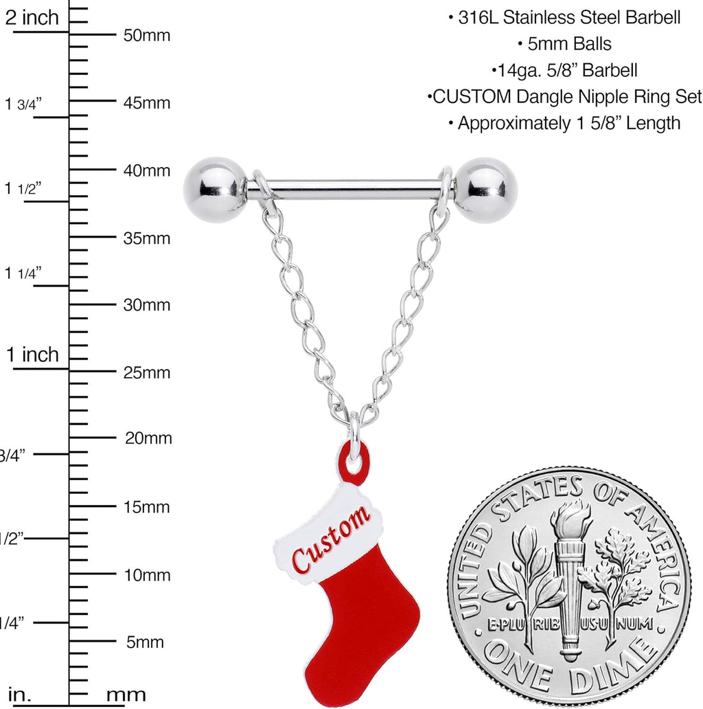 Winter Holiday Customizable 14G Nipplerings Piercing Steel 2Pc Personalized Christmas Stocking Nipple Ring Set 9/16" - QIAO CrystalQIAO CrystalQIAO Crystal