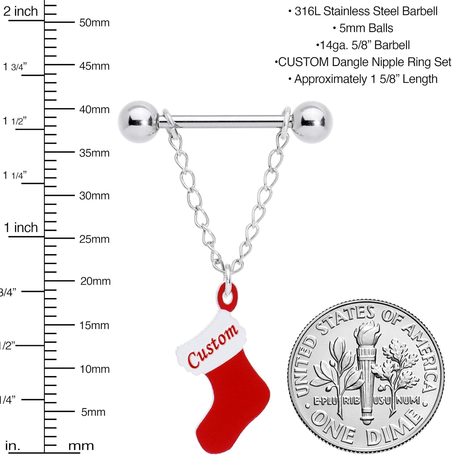 Winter Holiday Customizable 14G Nipplerings Piercing Steel 2Pc Personalized Christmas Stocking Nipple Ring Set 9/16" - QIAO CrystalQIAO CrystalQIAO Crystal