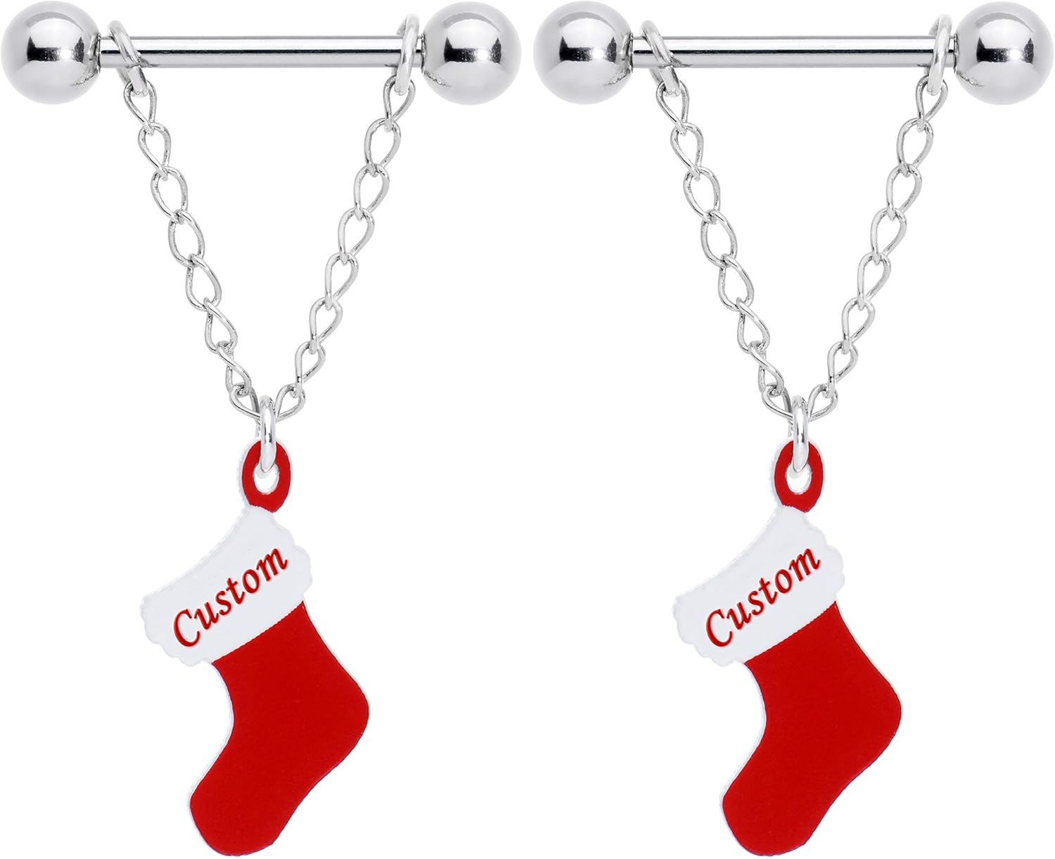 Winter Holiday Customizable 14G Nipplerings Piercing Steel 2Pc Personalized Christmas Stocking Nipple Ring Set 9/16" - QIAO CrystalQIAO CrystalQIAO Crystal