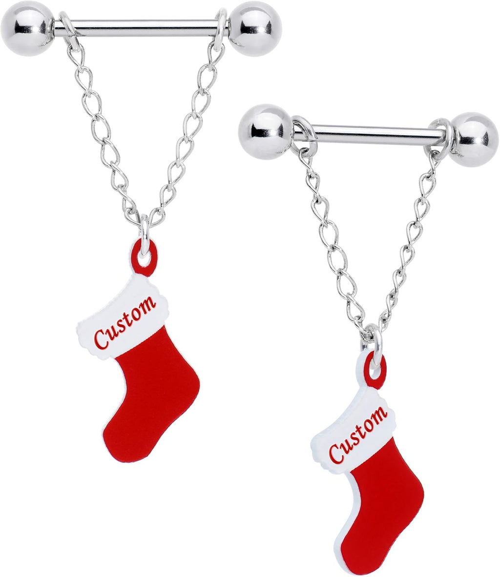 Winter Holiday Customizable 14G Nipplerings Piercing Steel 2Pc Personalized Christmas Stocking Nipple Ring Set 9/16" - QIAO CrystalQIAO CrystalQIAO Crystal