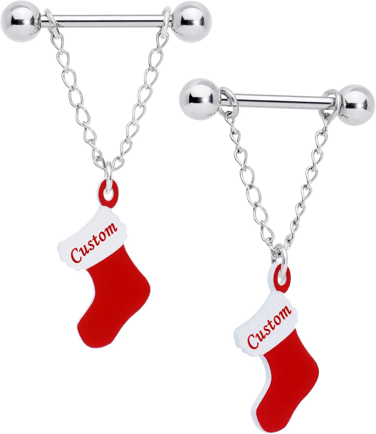 Winter Holiday Customizable 14G Nipplerings Piercing Steel 2Pc Personalized Christmas Stocking Nipple Ring Set 9/16" - QIAO CrystalQIAO CrystalQIAO Crystal
