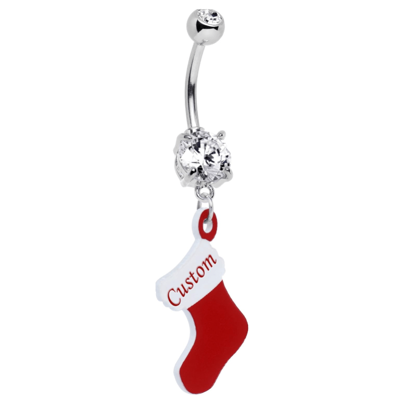 Winter Holiday Steel Customizable Red Christmas Stocking Personalized Name Dangle Belly Ring - QIAO Crystal我的商店QIAO Crystal