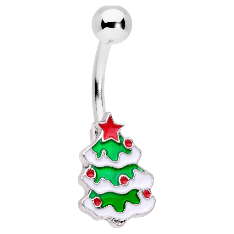 Winter Holiday Womens 14G 316L Stainless Steel Navel Ring Piercing Christmas Merry Christmas Tree Belly Button Ring - QIAO Crystal我的商店QIAO Crystal