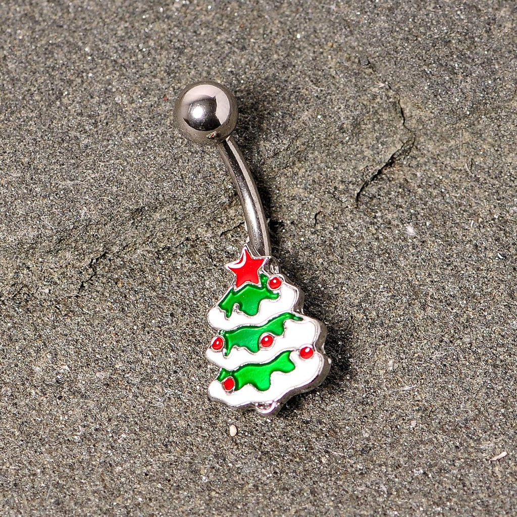 Winter Holiday Womens 14G 316L Stainless Steel Navel Ring Piercing Christmas Merry Christmas Tree Belly Button Ring - 我的商店我的商店我的商店