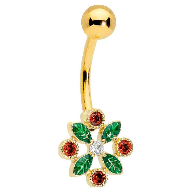 Winter Holiday Womens 14G PVD Stainless Steel Navel Ring Piercing Christmas Holly Crest Belly Button Ring - QIAO Crystal我的商店QIAO Crystal