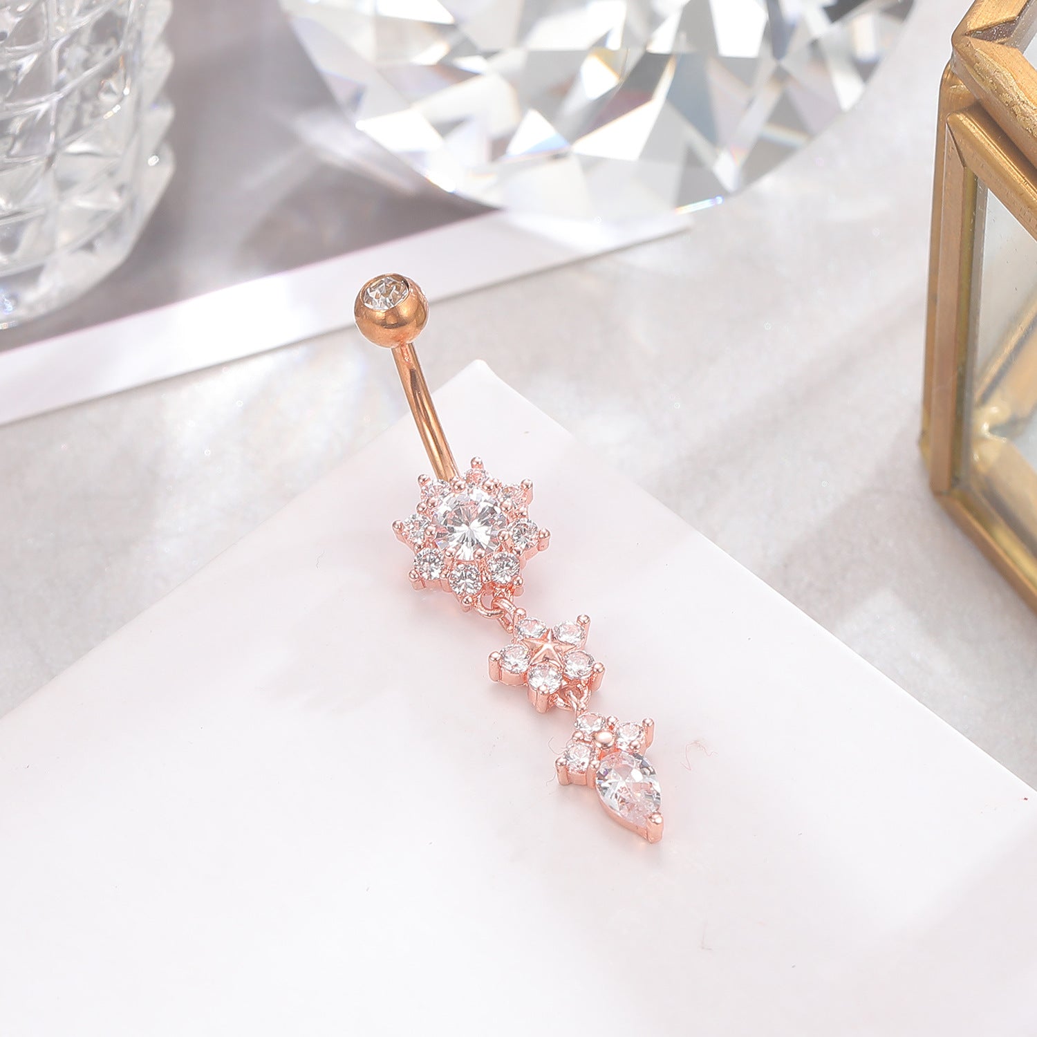 Women's Crystal Ring Body Dangle Barbell Bar Belly Button Ring (Gold, 2 Inches) - QIAO Crystal我的商店QIAO Crystal