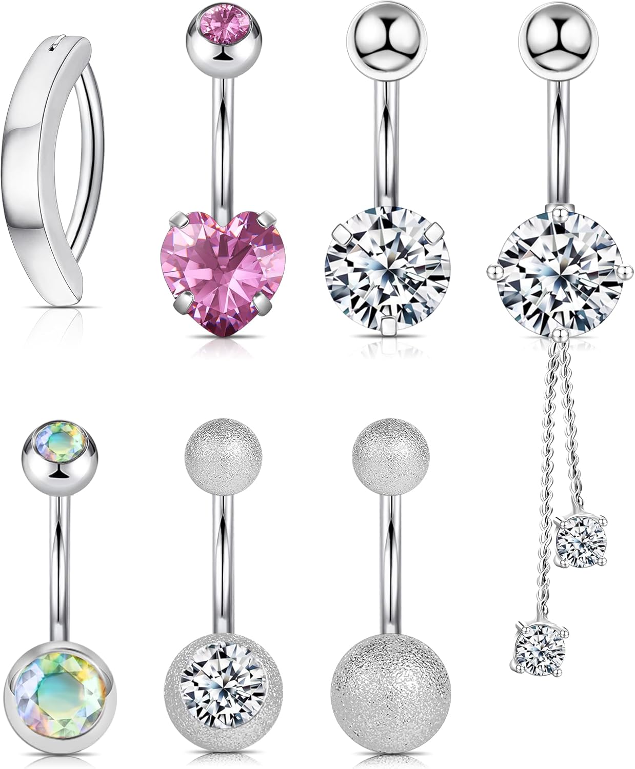Wssxc 14G Hypoallergenic Surgical Steel Belly Button Ring Cubic Zirconia Belly Button Barbs Body Piercing Set 7Pcs - 我的商店我的商店我的商店