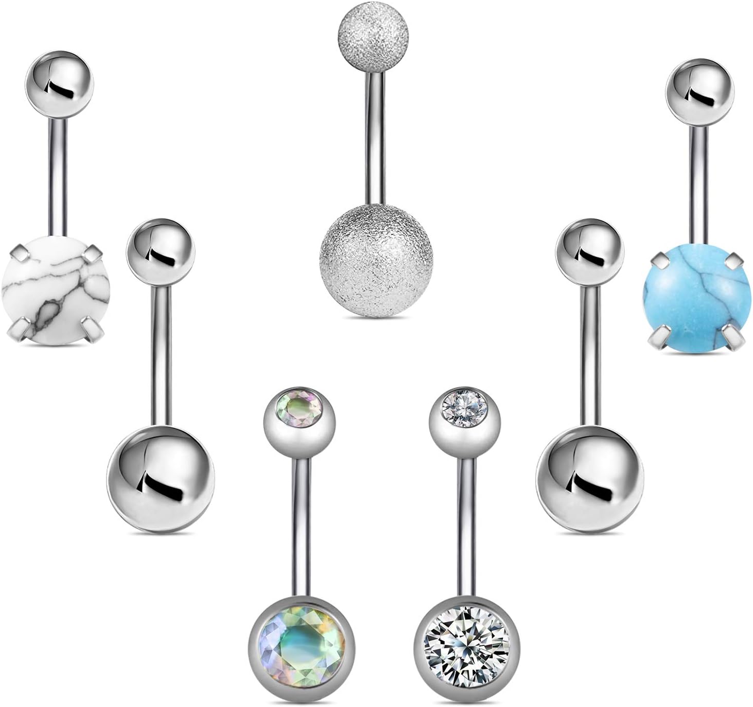 Wssxc 14G Hypoallergenic Surgical Steel Belly Button Ring Cubic Zirconia Belly Button Barbs Body Piercing Set 7Pcs - 我的商店我的商店我的商店