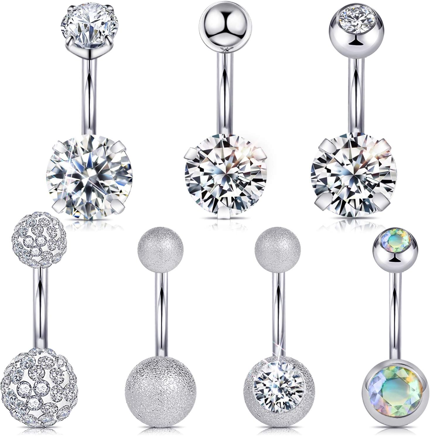 Wssxc 14G Hypoallergenic Surgical Steel Belly Button Ring Cubic Zirconia Belly Button Barbs Body Piercing Set 7Pcs - 我的商店我的商店我的商店