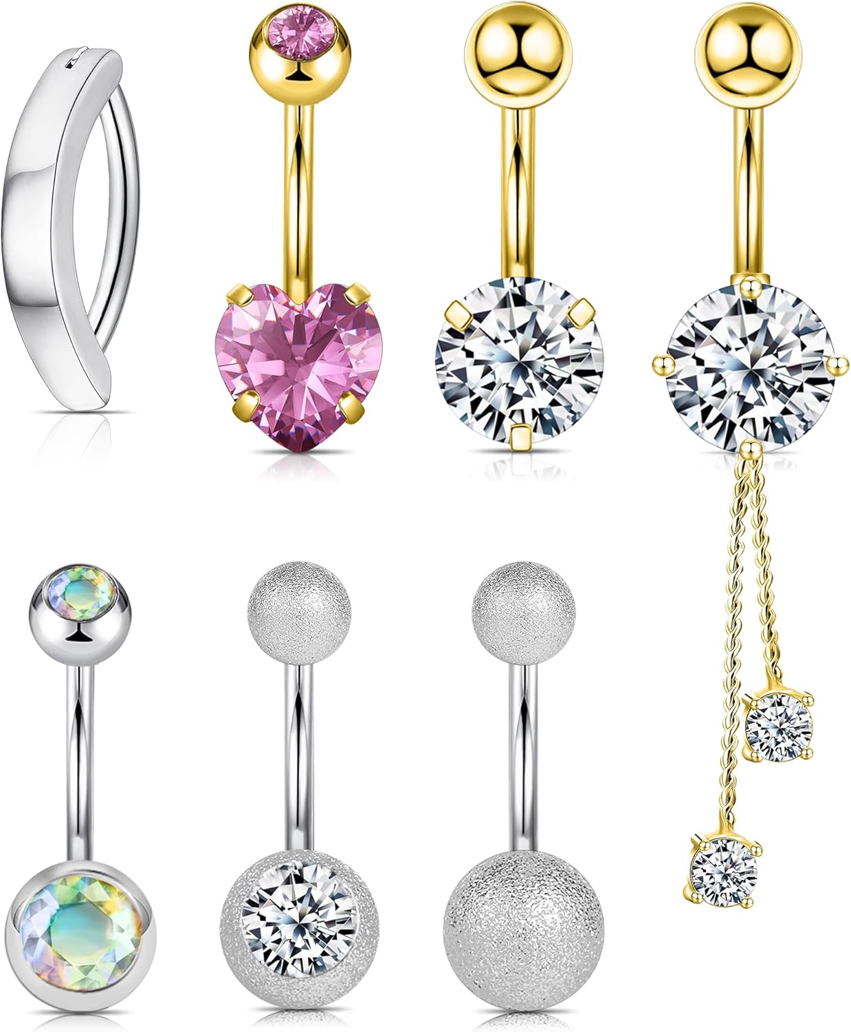 Wssxc 14G Hypoallergenic Surgical Steel Belly Button Ring Cubic Zirconia Belly Button Barbs Body Piercing Set 7Pcs - 我的商店我的商店我的商店