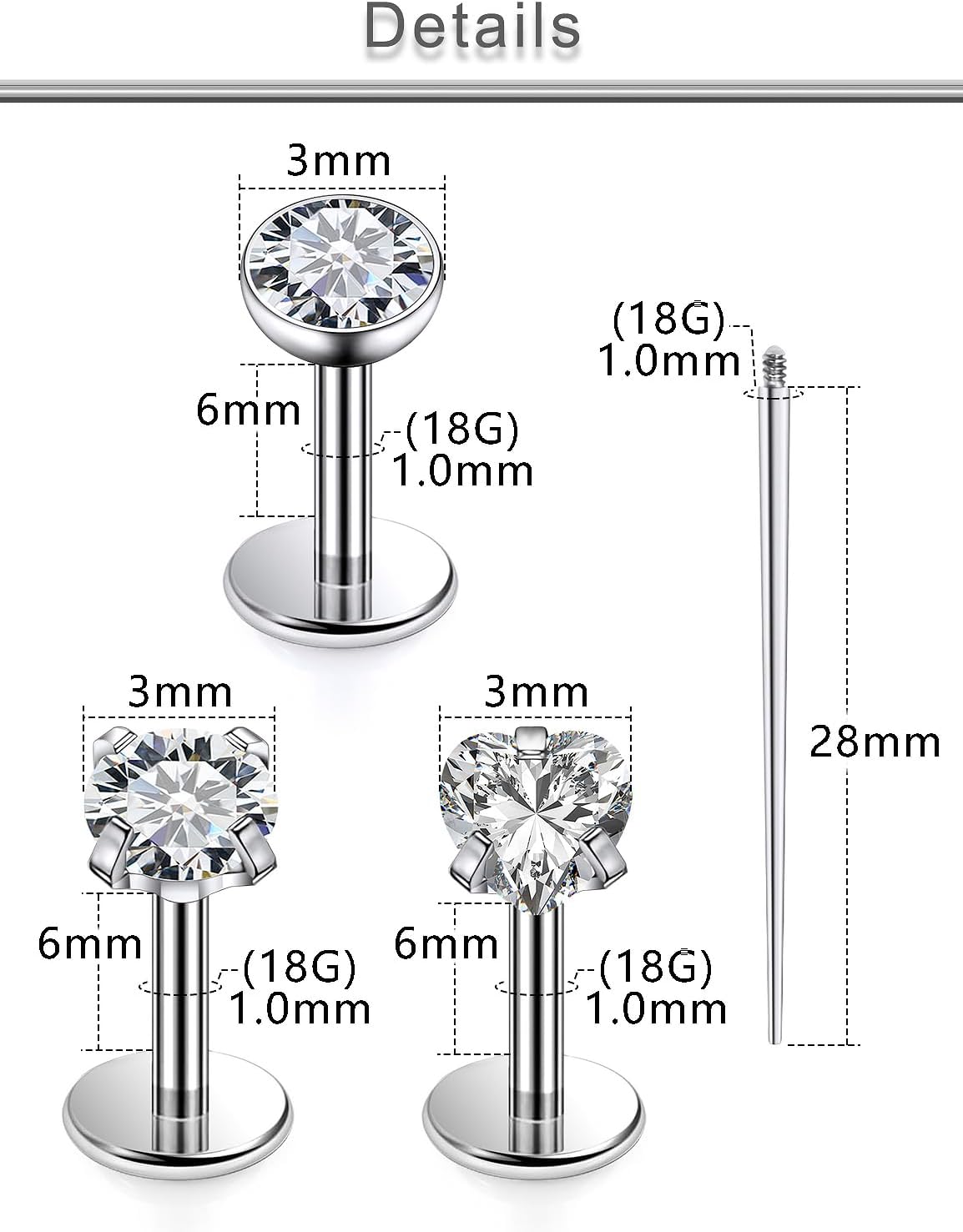 Yaalozei 20G 18G 16G F316 Titanium Flat Back Nose Rings Studs Hypoallergenic Screw on Tragus Helix Cartilage Earrings Stud Piercing Jewerly for Women Men Bars 6mm - QIAO CrystalQIAO CrystalQIAO Crystal